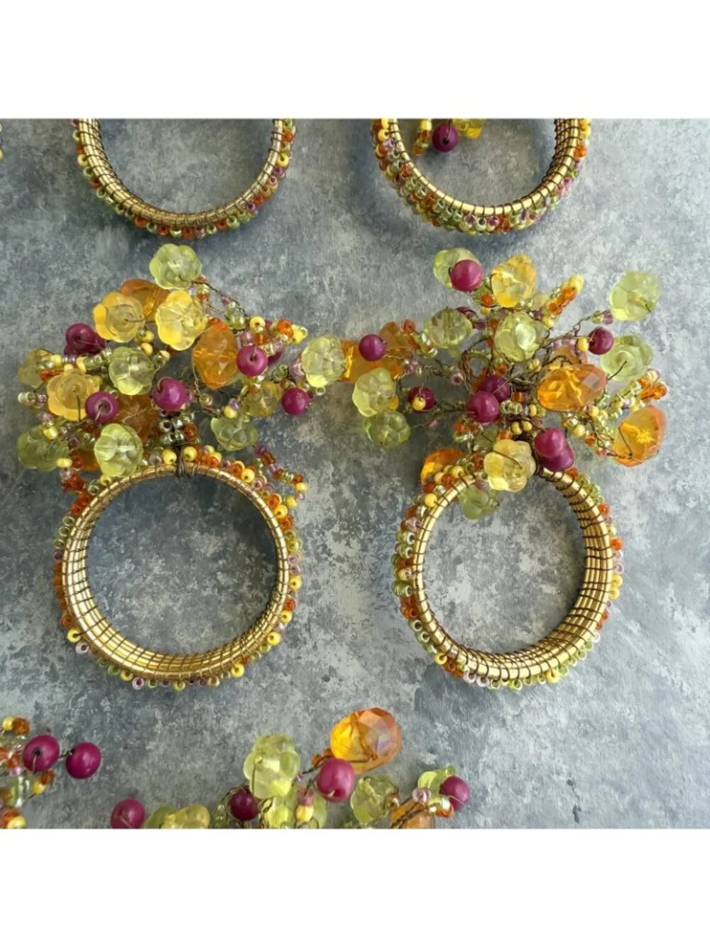 Pier 1 Napkin Rings Jeweled Beaded Cluster Set of 8 Green Pink Yellow Orange